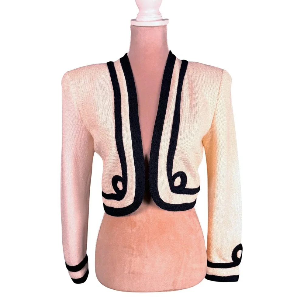 St John Bolero Jacket Womens 4 Cream‎ Black Vintage Santana Knit Cropped Shrug